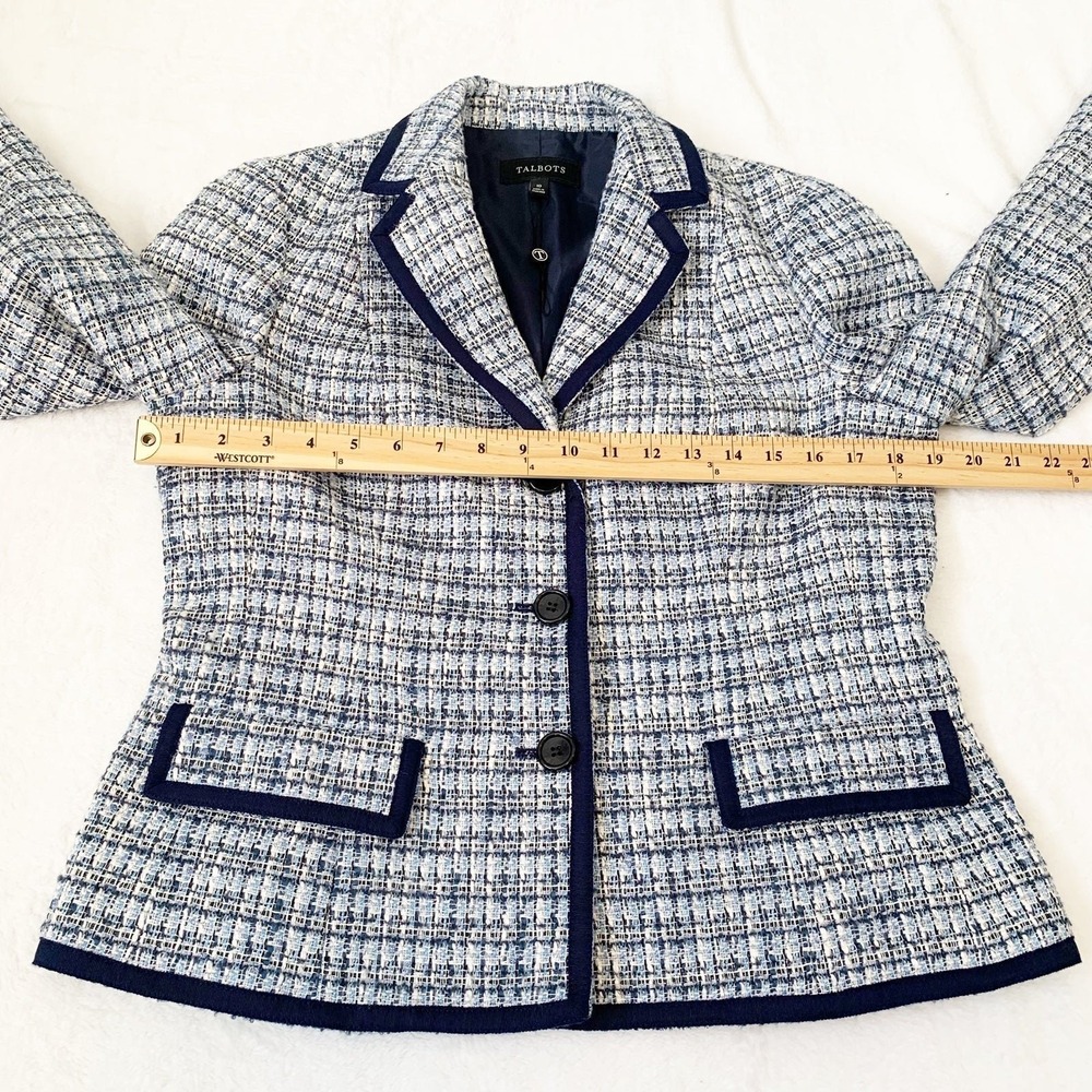 NWOT Talbots Tweed Blazer Women 10 Blue White Grosgrain Trim Textured Jacket - Picture 10 of 11